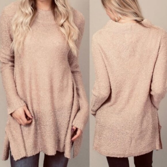 Umgee Chunky Knit Tunic Sweater Tan Beige Size Large High Neck Cozy Soft Long L - Picture 1 of 15